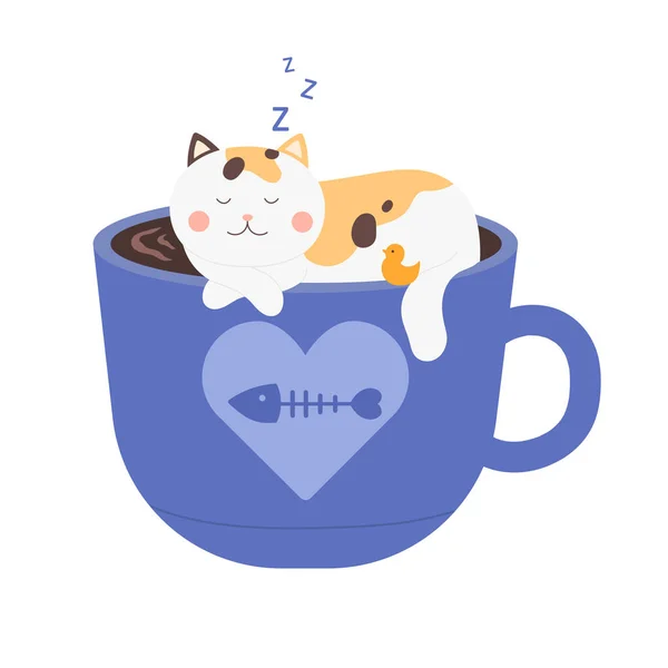 Coffee Cat Poster Adorable Kitten Sleep Catpuccino Coffee Cup Vector — Stock Vector