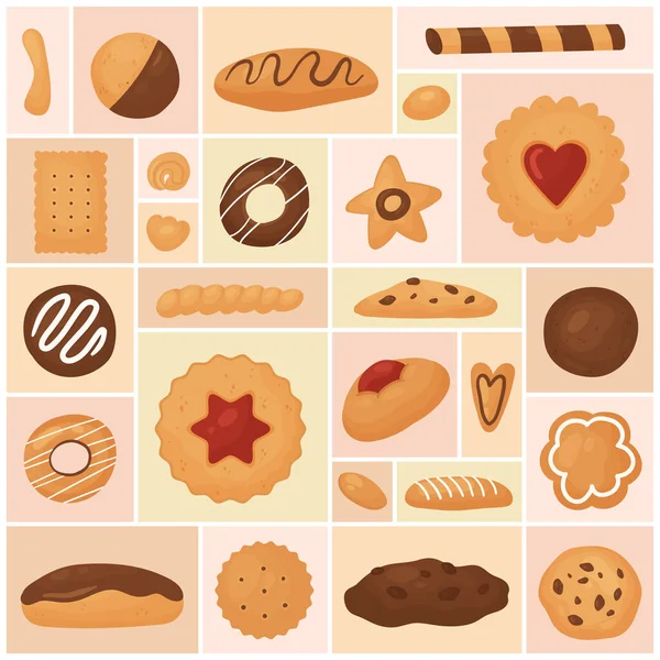Cookie Γλυκό Σύνολο Τροφίμων Διανυσματική Απεικόνιση Κινούμενα Σχέδια Διάφορα Σνακ — Διανυσματικό Αρχείο