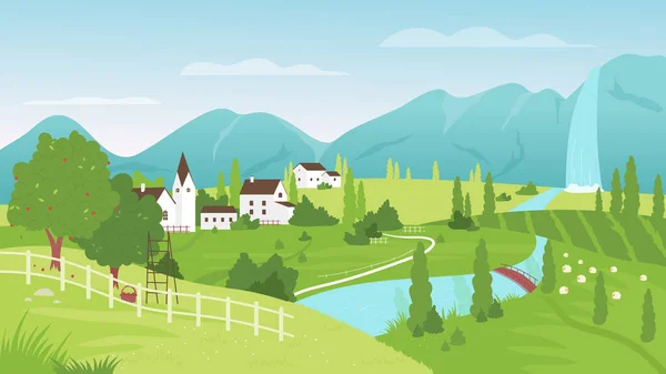 Countryside Summer Calm Landscape Fields Houses River Mountains Vector Illustration —  Vetores de Stock