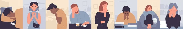 Sad Depressed People Set Vector Illustration Cartoon Lonely Man Woman — Wektor stockowy