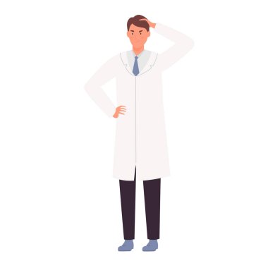 Male doctor in thinking pose. Confused medical hospital worker vector illustration