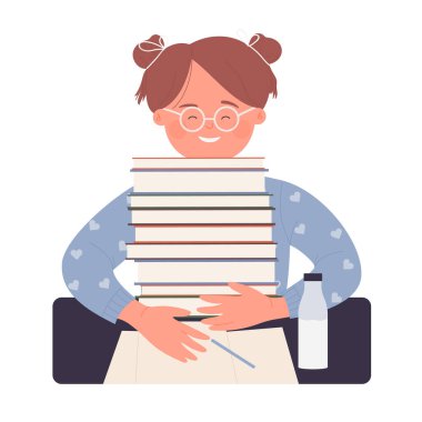 Happy little girl with stack books. Primary school learning materials vector illustration
