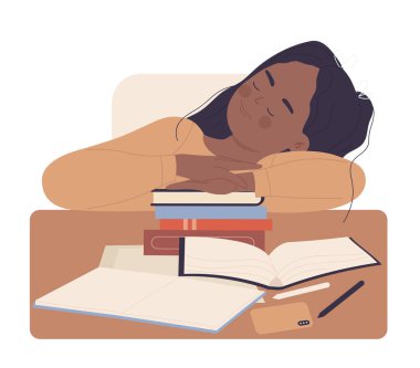 Tired sleeping pupil girl. Little kid exhausted at studying less vector illustration