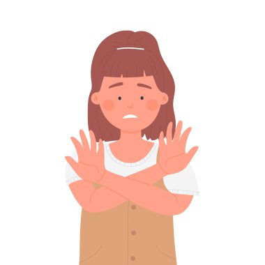 Worried little girl with crossed arms. Warning hands expression, stop gesture vector illustration