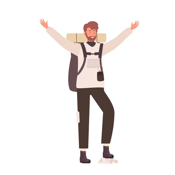 Happy Excited Male Tourist Enthusiast Hiker Man Travel Route Vector — Image vectorielle