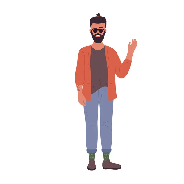 Hipster Man Showing Hello Cool Handsome Man Greeting Hand Vector — Stockvektor