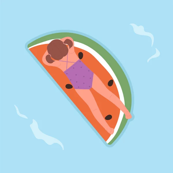 Lying Little Girl Inflatable Watermelon Summer Swimming Pool Mattress Vector — 스톡 벡터