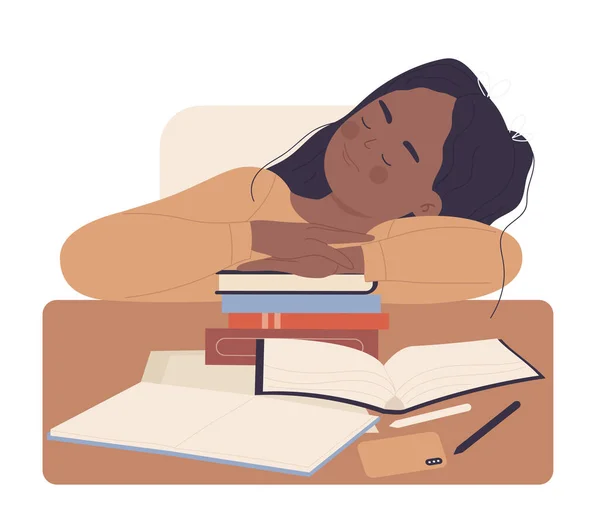 Tired Sleeping Pupil Girl Little Kid Exhausted Studying Less Vector — Stockvektor