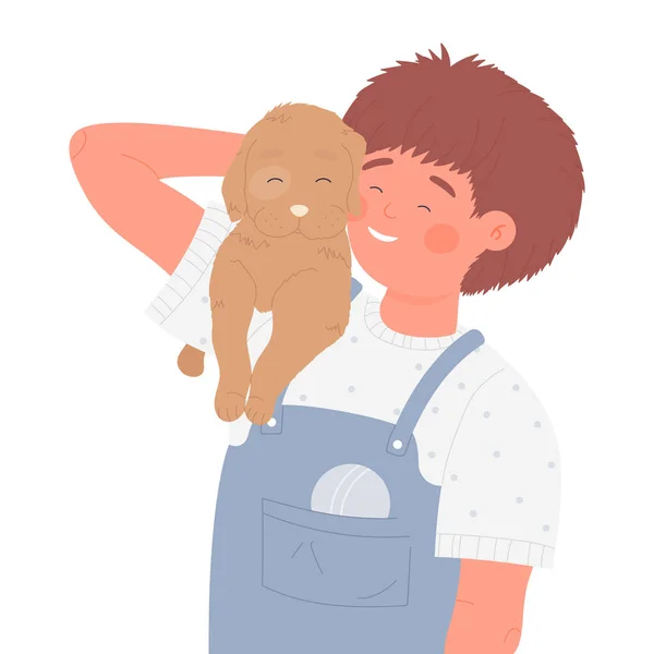Cheerful Kid Lovely Pet Holding Dog Friend Cuddling Fluffy Doggy — Stock Vector