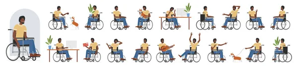 African American Black Active Male Character Male Disability Poses Set — Wektor stockowy
