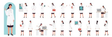 Female doctor poses set vector illustration. Cartoon posing actions of woman medical worker working in hospital, pointing to xray of patients skull, holding first aid box isolated on white. concept