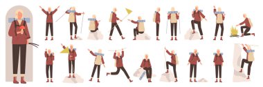 Woman tourist character in different poses set vector illustration. Cartoon female camper with backpack climbing, girl hiking and standing with flag in front, side and back view isolated on white