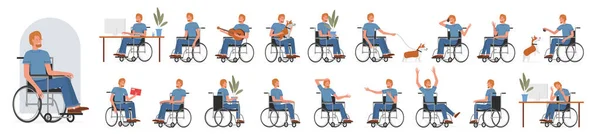 Active Male Character Male Disability Poses Set Vector Illustration Cartoon — Wektor stockowy