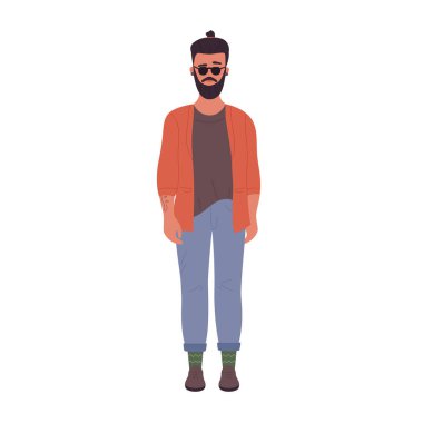 Standing pose of hipster man. Cool stylish guy with glasses vector illustration