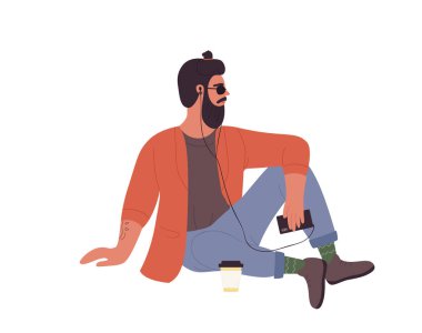 Sitting hipster man in model pose. Cool boy listening to music with takeaway coffee vector illustration