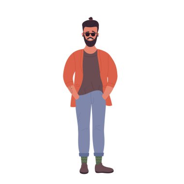 Confident hipster with hands in pockets. Standing model pose vector illustration
