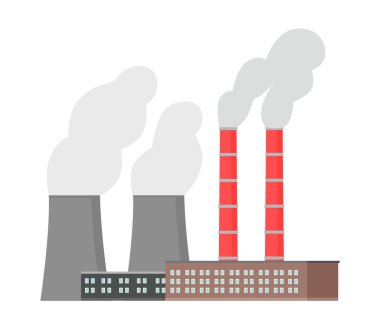 Thermal power plant station. Chimney and pipes with smoke, industrial building vector illustration
