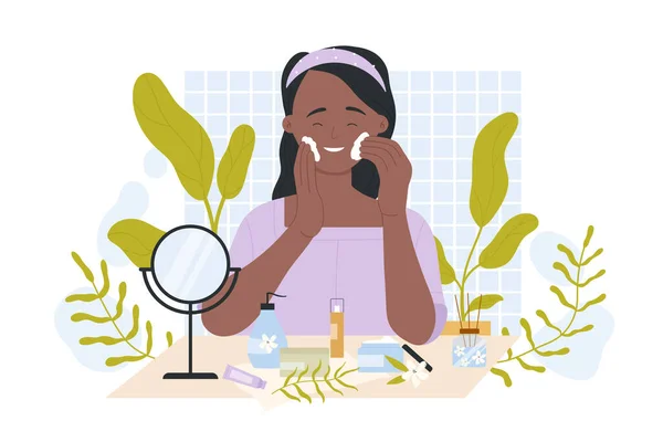 Woman Cleansing Skin Everyday Beauty Procedure Cartoon Funny Girl Touching — Vetor de Stock
