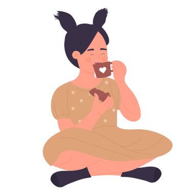Little girl drinks tea with cookie. Hot drink ceremony, cup of warm beverage vector illustration
