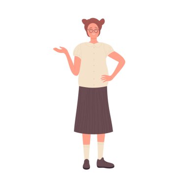 Nerd girl in presenting pose. Geek woman student smiling greeting vector illustration