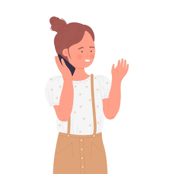 Cute Little Girl Talking Cell Phone Smartphone Gadget Discussion Vector — ストックベクタ