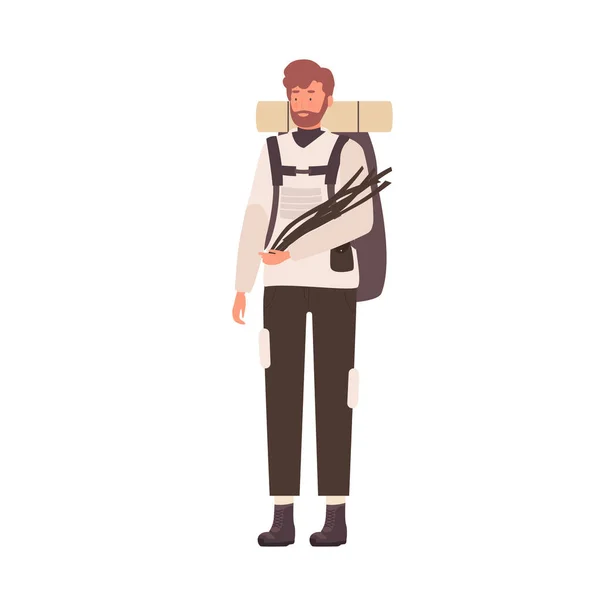 Male Tourist Campfire Equipment Hiking Man Carrying Backpack Vector Illustration — Vetor de Stock