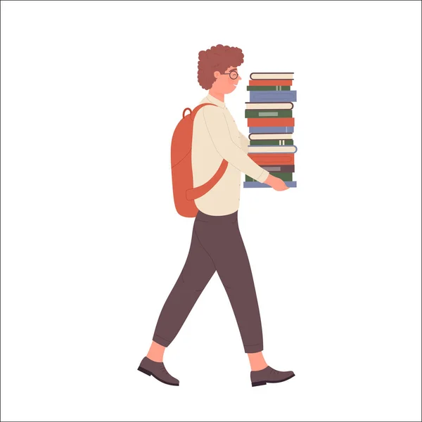 Nerd Boy Carrying Stack Books Geek Student Learning Materials Vector — Stock vektor