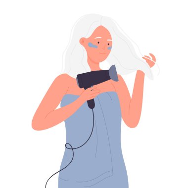 Women dries hair morning routine. Taking a douche, daily body care vector illustration