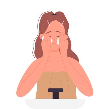 Washing face morning routine. Face care, daily beauty procedures vector illustration