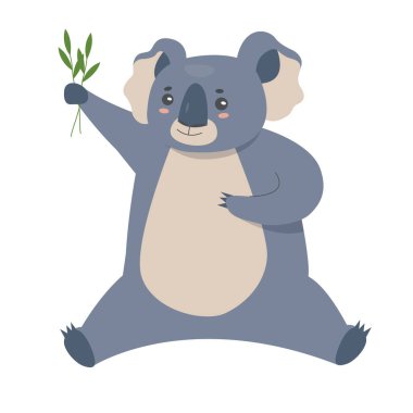 Sitting koala with eucalyptus leaves. Arboreal marsupial, furry tropical bear vector illustration