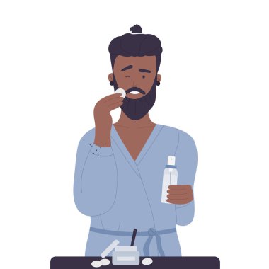 Hipster man taking face care. Morning daily routine, hygienic procedures vector illustration