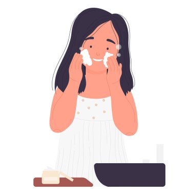 Little girl greasing face cream. Morning routine care, beauty treatment vector illustration
