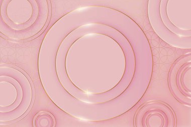 Pink circle podiums for fashion presentation of product, top view background of round platforms with gold line texture on floor and golden glowing ring frame on border, realistic vector illustration
