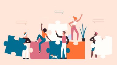 Team of business people building puzzle together. Cartoon partners characters with missing pieces of jigsaw help to build cooperation flat vector illustration. Teamwork, strategy, achievement concept