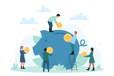 Financial savings, budget and account management. Cartoon tiny people putting coins into piggy bank together, investing dollars in wealth flat vector illustration. Investment, finance, income concept