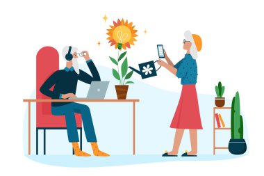 Senior couple protect pension, save money. Retired man sitting at laptop, rich woman growing light bulb plant and planning future wealth flat vector illustration. Finance, literacy, retirement concept