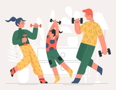 Active sport exercises and physical workout of family. Cartoon characters training at home, happy parent and kid or siblings holding dumbbells flat vector illustration. Wellbeing, fitness concept
