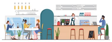Coffee shop interior with barista at bar counter and group of friends sitting at tables on chairs. Cartoon woman making hot drink, people communicating flat vector illustration. Coffee break concept
