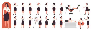 Businesswoman, female office worker set vector illustration. Cartoon professional woman entrepreneur talking and walking, lady standing in different poses, front, back and side view isolated white