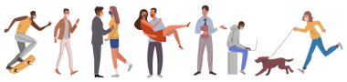 City activity of people in masks on faces set vector illustration. Cartoon man and woman wear casual clothes, characters protect health from viruses and air pollution isolated white. Safety concept