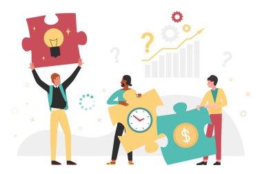 Teamwork and cooperation of initiative group connecting puzzle solutions. Cartoon man holding jigsaw piece with light bulb inside, employee with creative idea flat vector illustration. Project concept
