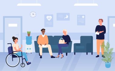 People wait in hall or reception of hospital. Cartoon patients visit doctor in medical office, woman sitting in wheelchair, persons waiting for exam in clinic interior background. Healthcare concept