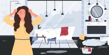 Helpless unhappy woman with scared face looking at mess and flood in dirty bathroom vector illustration. Cartoon portrait of character surprised by chaos at home background. Chores, hardship concept