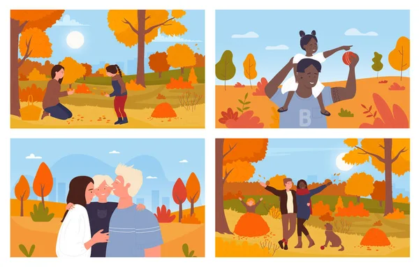 Family People Walk Autumn Nature Park Forest Vector Illustration Cartoon — Image vectorielle