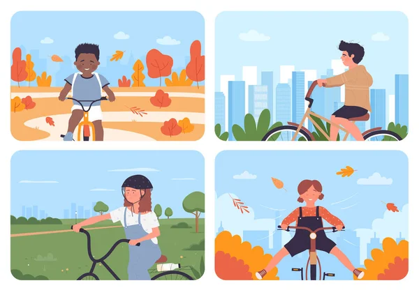 Kids Cycling City Park Urban Landscape Vector Illustration Set Cartoon —  Vetores de Stock