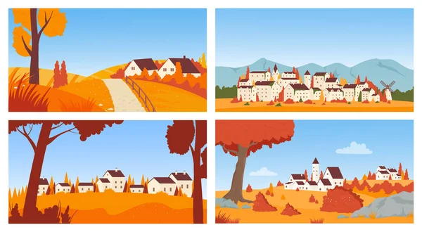 Houses Autumn Town Village Landscape Scandinavian Neighbourhood Vector Illustration Set — Stockvector