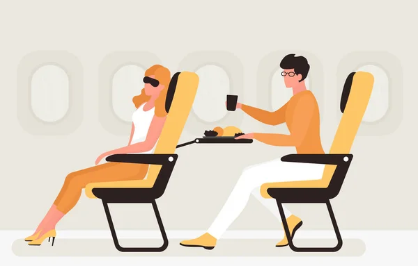 Passengers Sit Seats Window Airplane Cartoon People Travel Plane Woman — Vetor de Stock