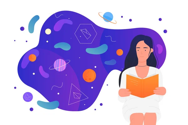 Science Research Education Cartoon Woman Reading Open Book Scientific Publication — Stockvector