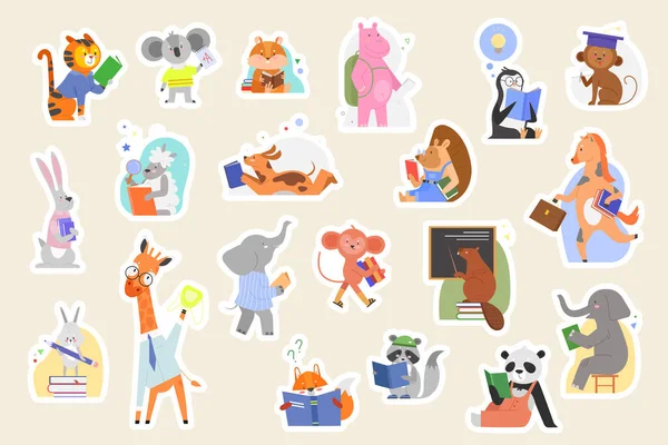 School Students Animals Cute Toy Stickers Kids Set Vector Illustration — Stockvector