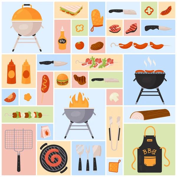 Bbq Set Vector Illustration Cartoon Meat Vegetables Barbecue Food Sauces — Stock Vector